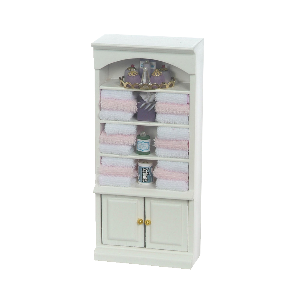 Decorated 1 Inch Scale Dollhouse Bathroom Cupboard with Accessories in Pink