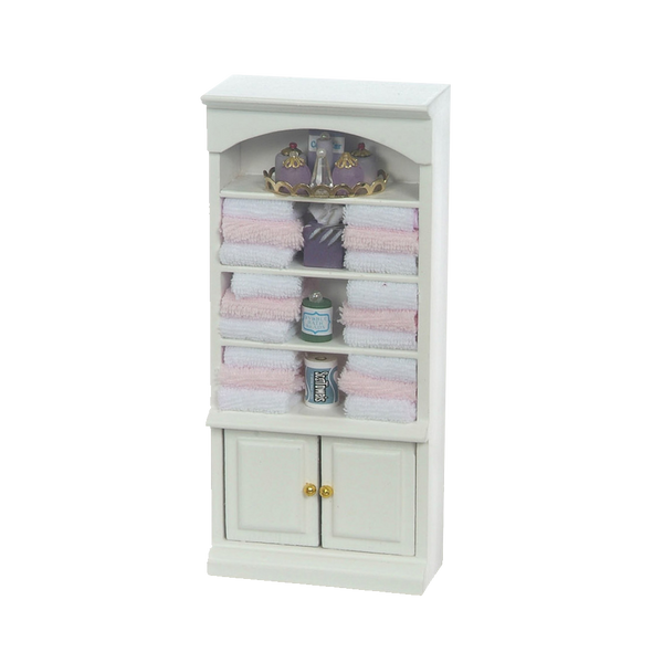 Decorated 1 Inch Scale Dollhouse Bathroom Cupboard with Accessories in Pink