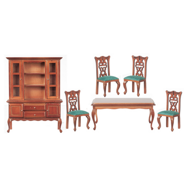 1 Inch Scale Dollhouse Dining Room Set in Walnut with Green Cushions
