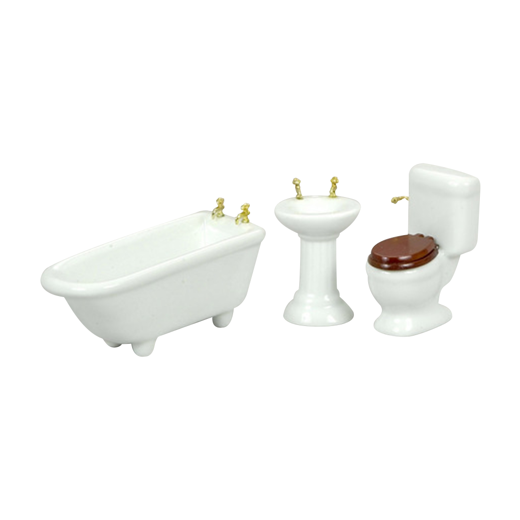 Dollhouse miniature porcelain 3 piece bathroom set sink toilet tub