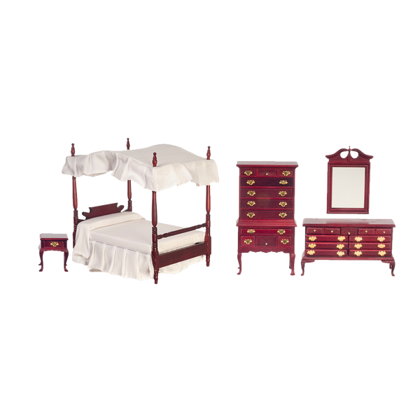 1 Inch Scale Dollhouse Canopy Master Bedroom Set in Mahogany with White Linen