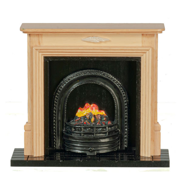 1 Inch Scale Oak Fireplace with Faux Fire Insert Dollhouse Miniature