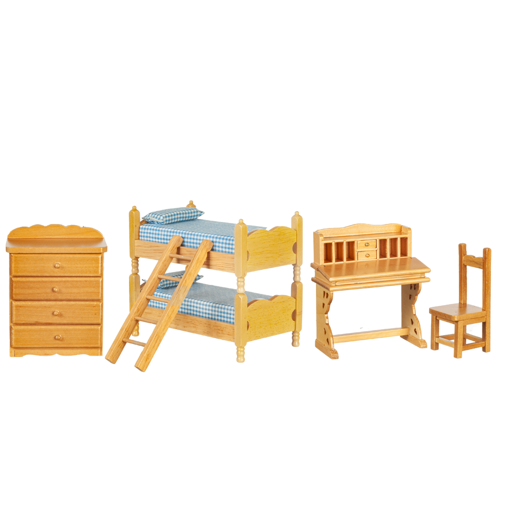 1 Inch Scale Dollhouse Bunk Beds Set in Oak with Blue Bedding