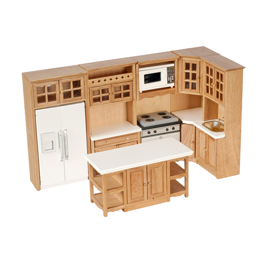 1 Inch Scale 8 Piece Oak Dollhouse Kitchen Set