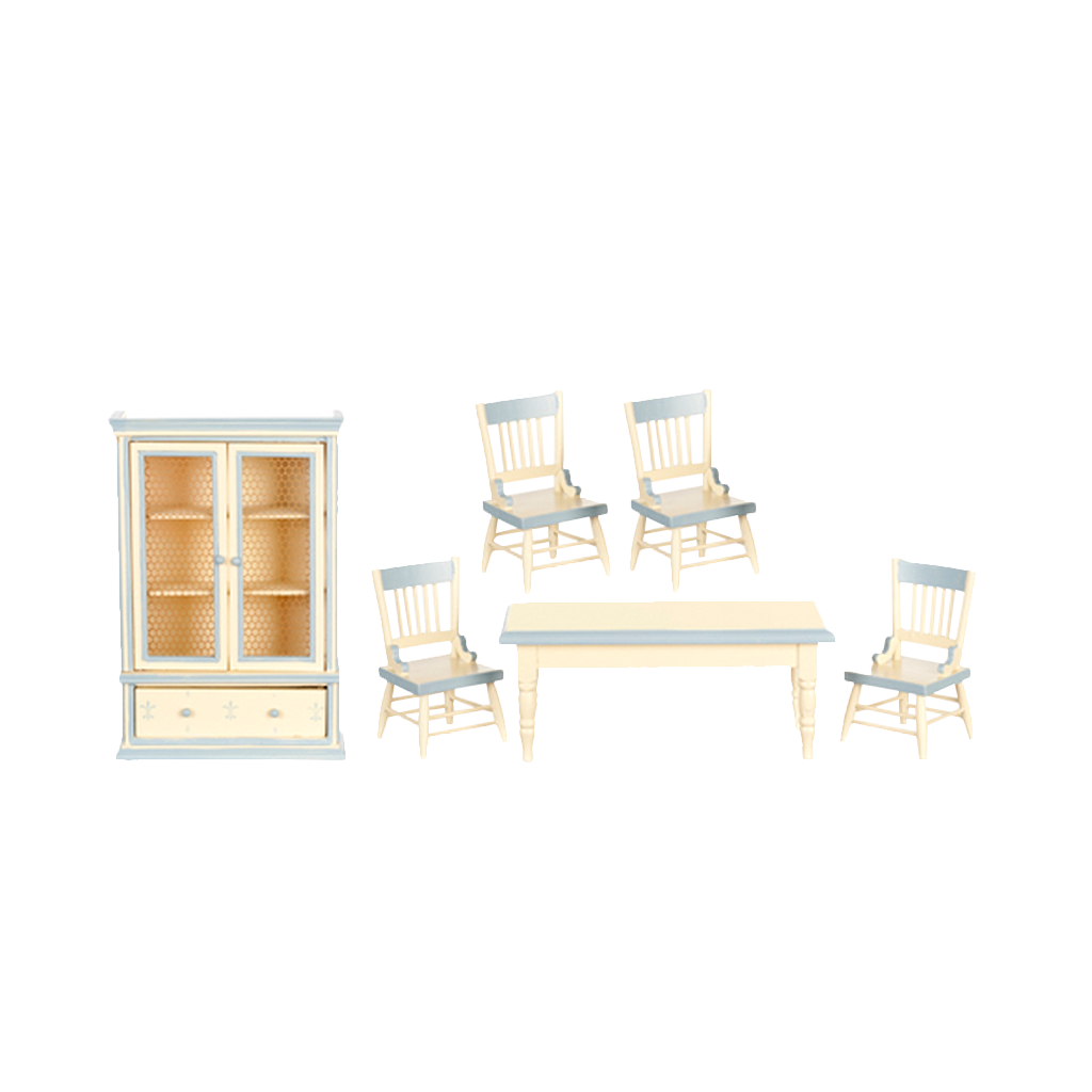 1 Inch Scale Dollhouse Farmhouse Dining Room Set in Cream and Light Blue