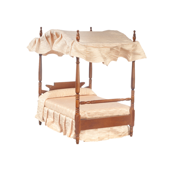 1 Inch Scale Walnut Dollhouse Canopy Bed with White Linen