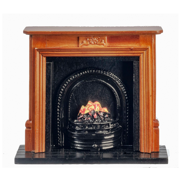 1 Inch Scale Walnut Fireplace with Faux Fire Insert Dollhouse Miniature