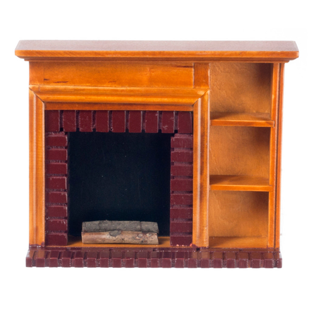 1 Inch Scale Walnut Dollhouse Fireplace with Shelves and Logs